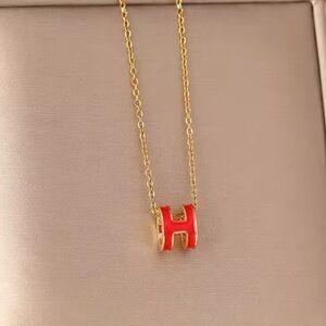 18K Gold Mini Red Enameled Minimalist Letter H Shaped Pendant Necklace